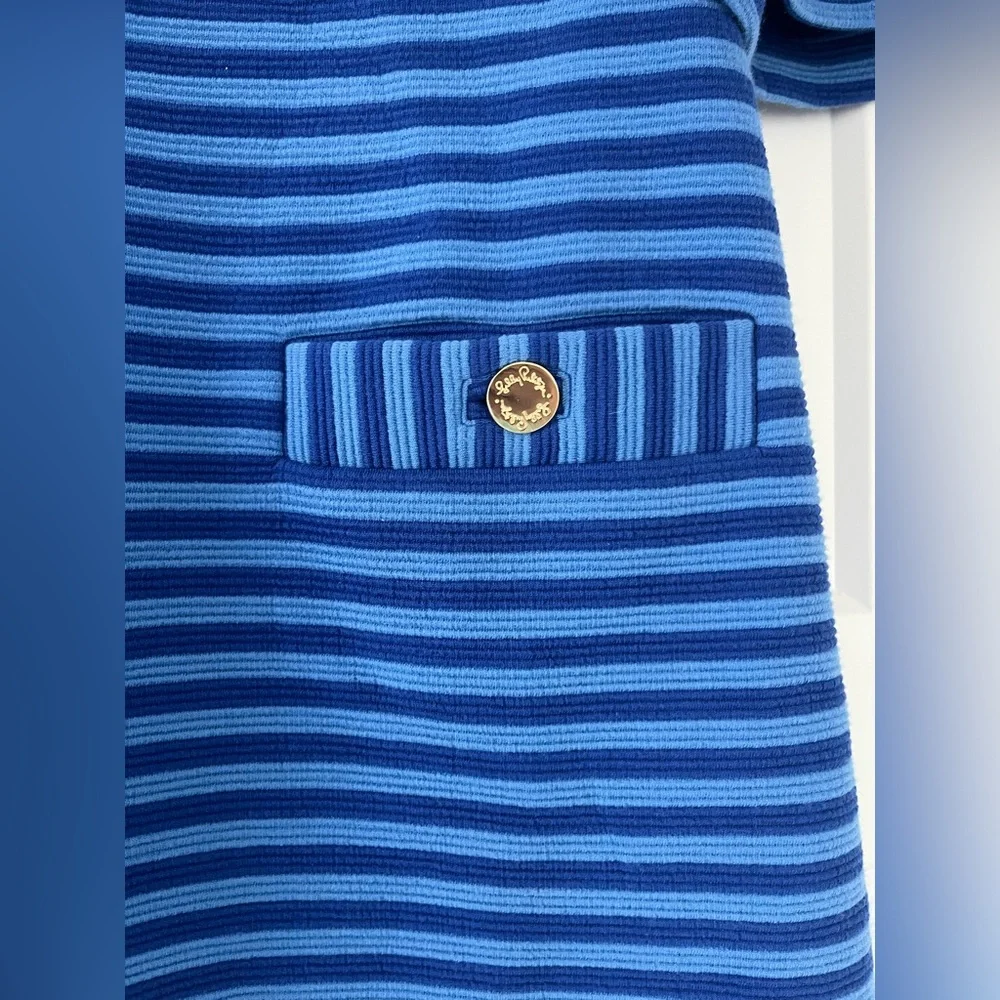 Lilly Pulitzer Alden Blue Grotto Ottoman Striped Bell Sleeve Shift Dress, Medium
